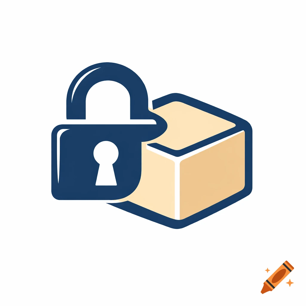 A stylized icon featuring a dark blue padlock in front of a light beige box, symbolizing security or protected data.