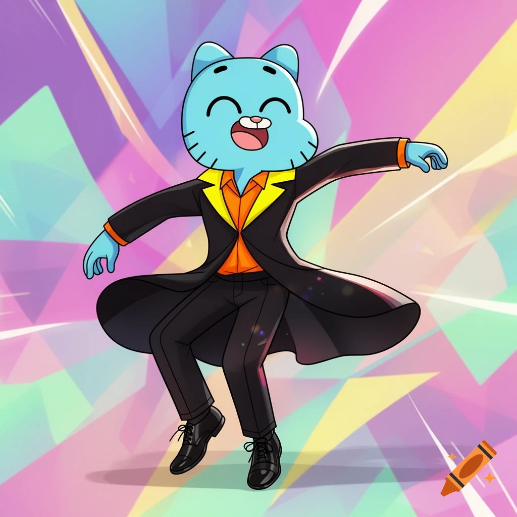Gumball, a light blue cat with a wide smile, dances joyfully in a black jacket, orange shirt, and black pants against a colorful geometric background.