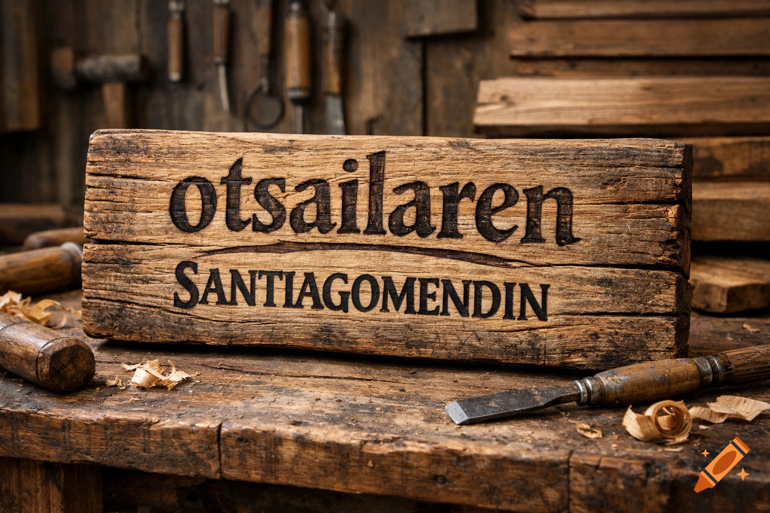 A close-up of a carved wooden sign with 'otsailaren' and 'SANTIAGOMENDIN' on a rustic workbench with woodworking tools and shavings.