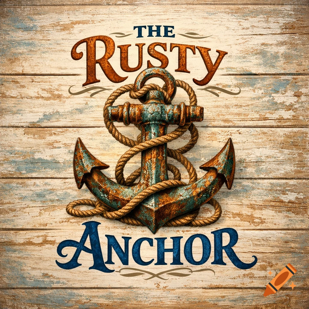 A rustic logo for 'The Rusty Anchor' pub featuring a heavily rusted anchor wrapped in rope on a weathered wooden plank background.
