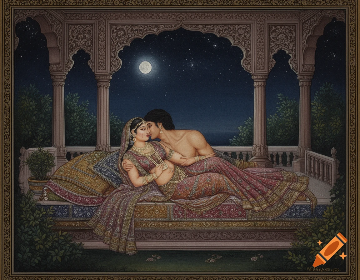 An Indian miniature painting depicts a couple embracing on a palace terrace under moonlight, adorned in traditional attire.