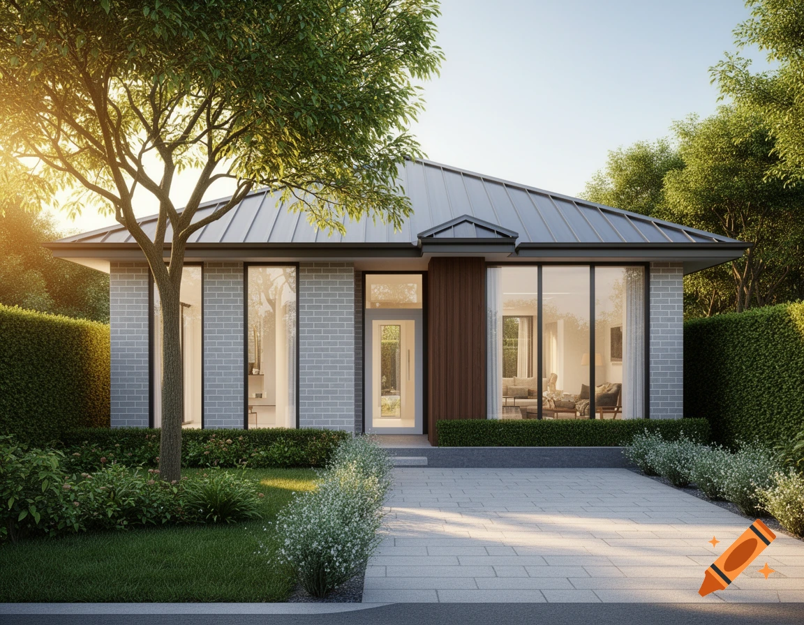 A photorealistic modern single-story house with gray brick, large windows, a metal roof, green landscaping, and a paved driveway at sunset.