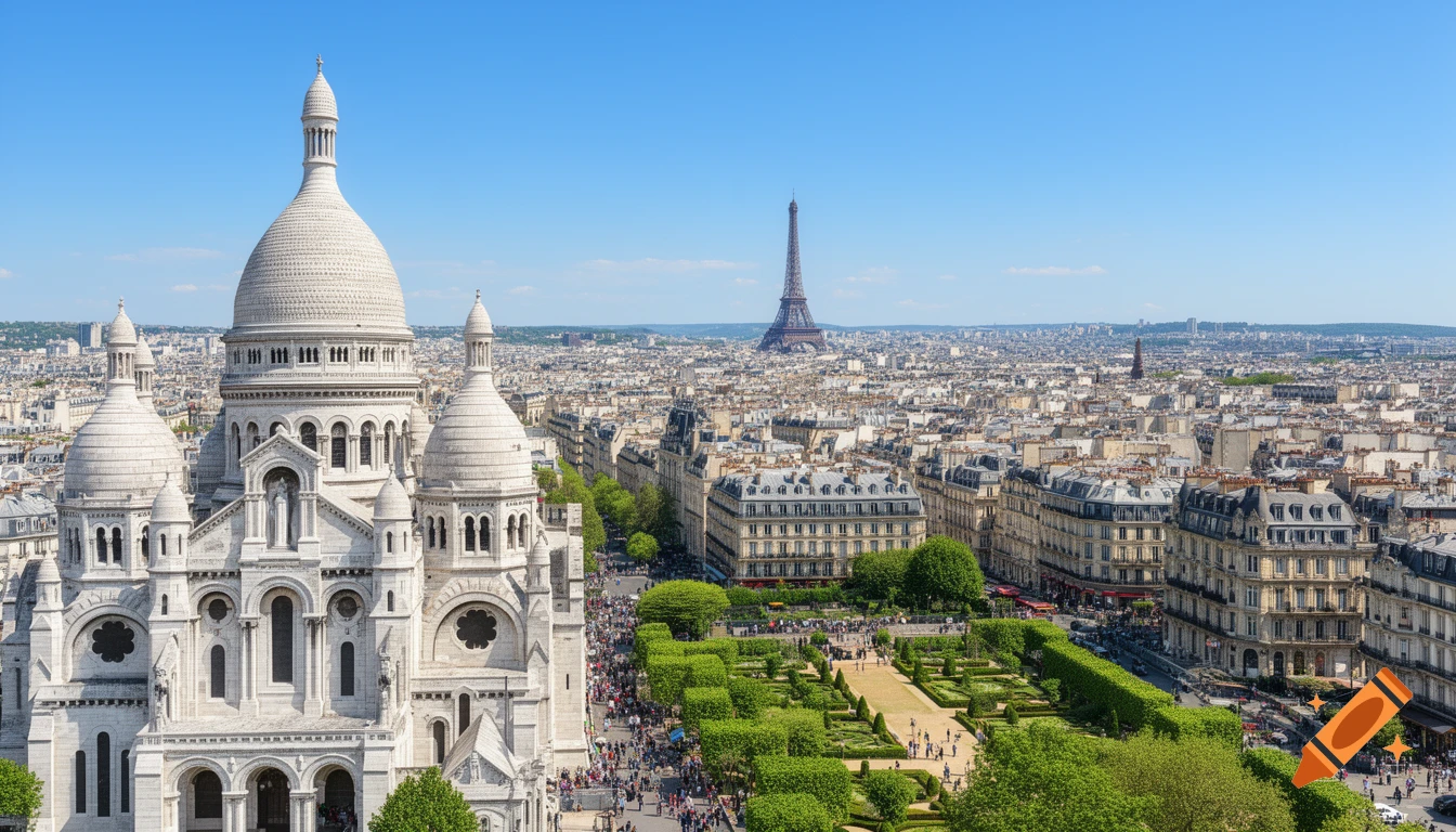 Bright, high-angle view of Paris with Sacré-Cœur Basilica in foreground and Eiffel Tower in distance over a sprawling cityscape.