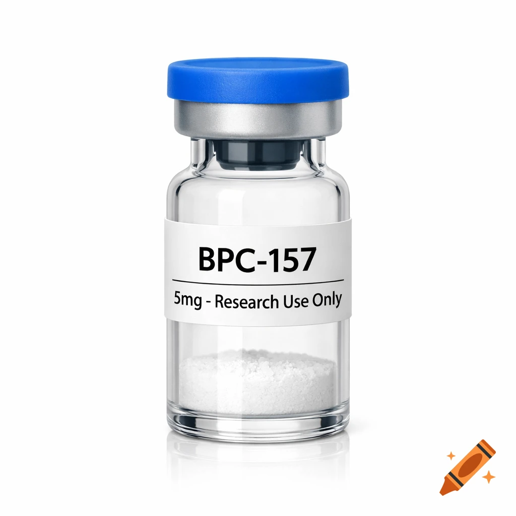Photorealistic studio shot of a glass pharmaceutical vial with a blue cap and white powder, labeled 'BPC-157' and '5mg - Research Use Only'.