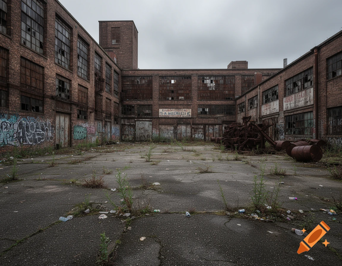 An abandoned factory courtyard with brick buildings, broken windows, graffiti, overgrown weeds, and rusty industrial debris under a cloudy sky.