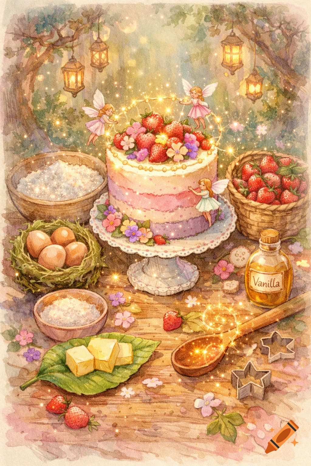 Watercolor of fairies baking a strawberry cake with ingredients on a rustic table in an enchanted forest setting.