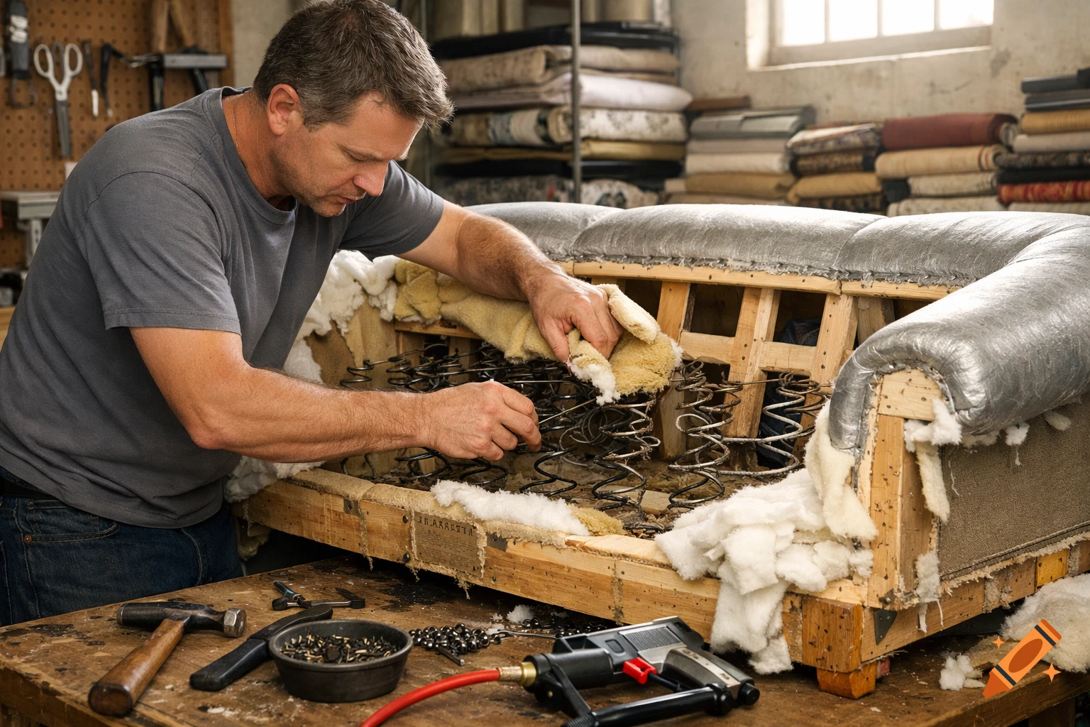 A man in a workshop actively repairing an old sofa, exposing its springs and wooden frame, with tools on a table.