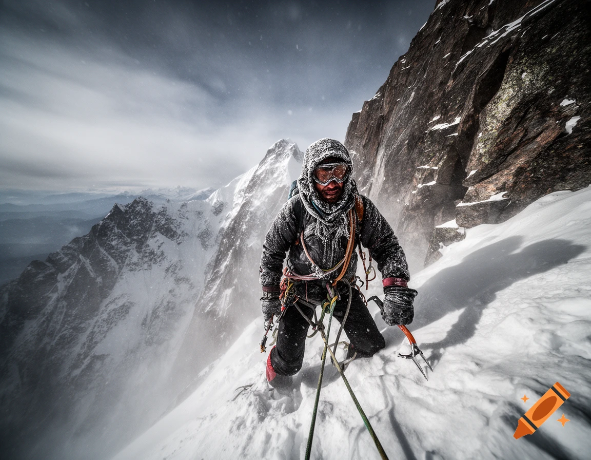 Photorealistic image of a rugged mountain climber ascending a steep, snowy peak in a blizzard, with ice axe and ropes.
