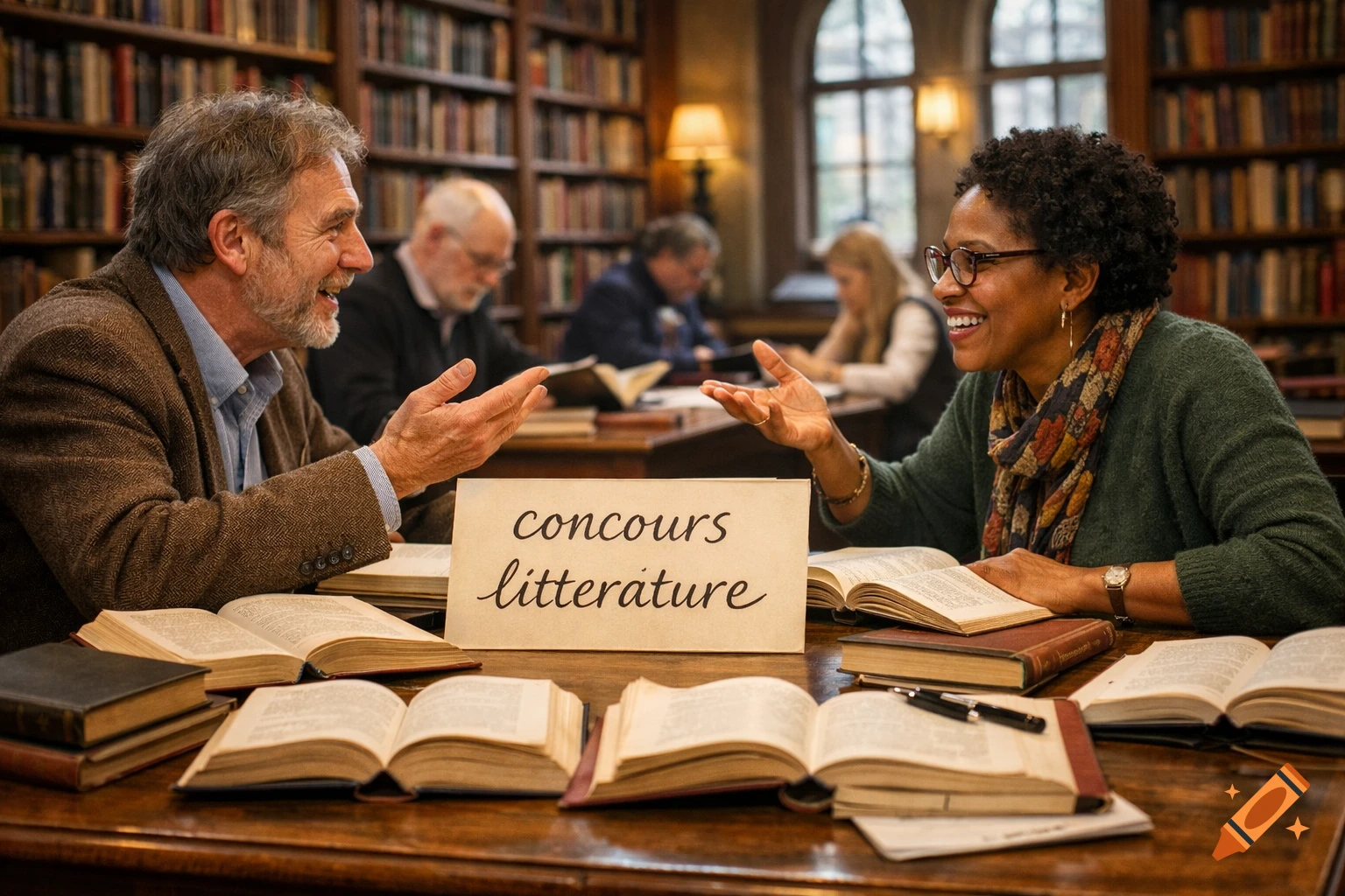 Two people engaged in a lively discussion across a table filled with open books in a library, a sign reads "concours litt itérature".