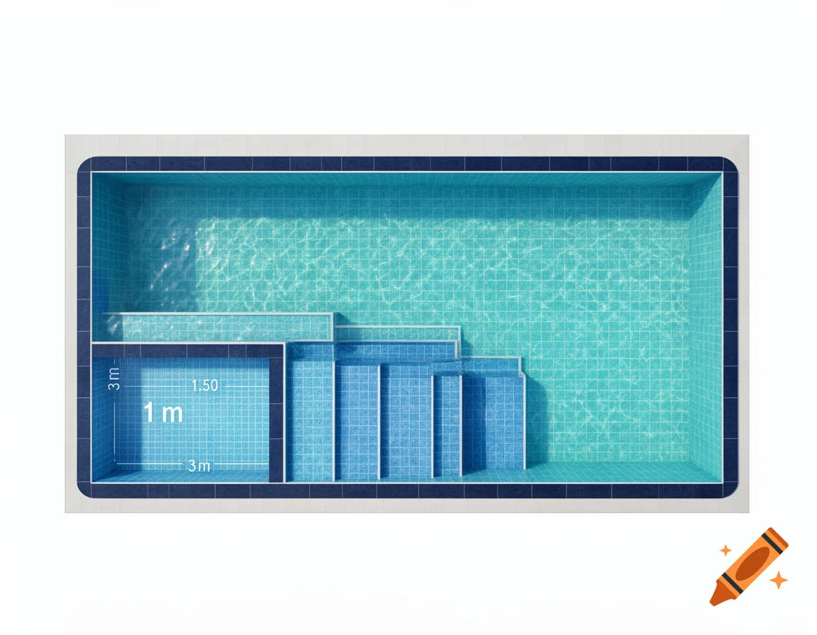 Aerial view of a rectangular swimming pool blueprint with two sections, a shallower section and a deeper section with steps, featuring blue and dark blue tiles. Dimensions '1 m', '1.50', and '3 m' are visible.