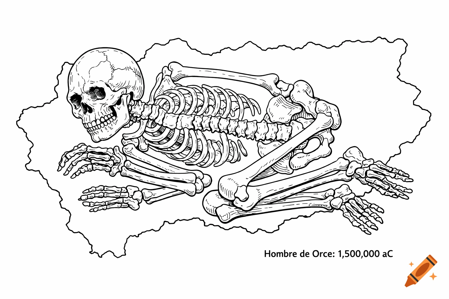 Black and white outline drawing of a skeleton (Hombre de Orce) on a map outline of Granada, with a date label.