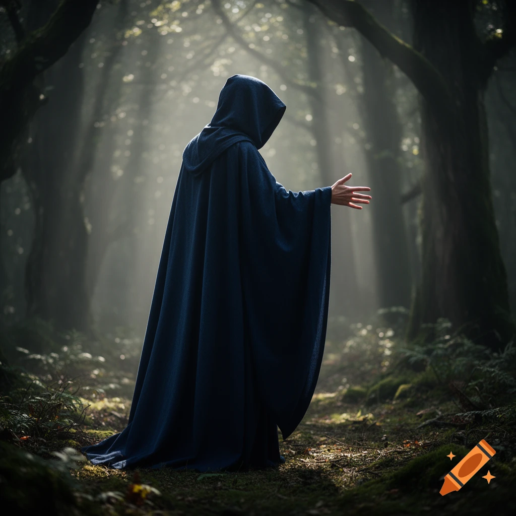 A mysterious cloaked figure in a dark forest stretches an arm and hand ...