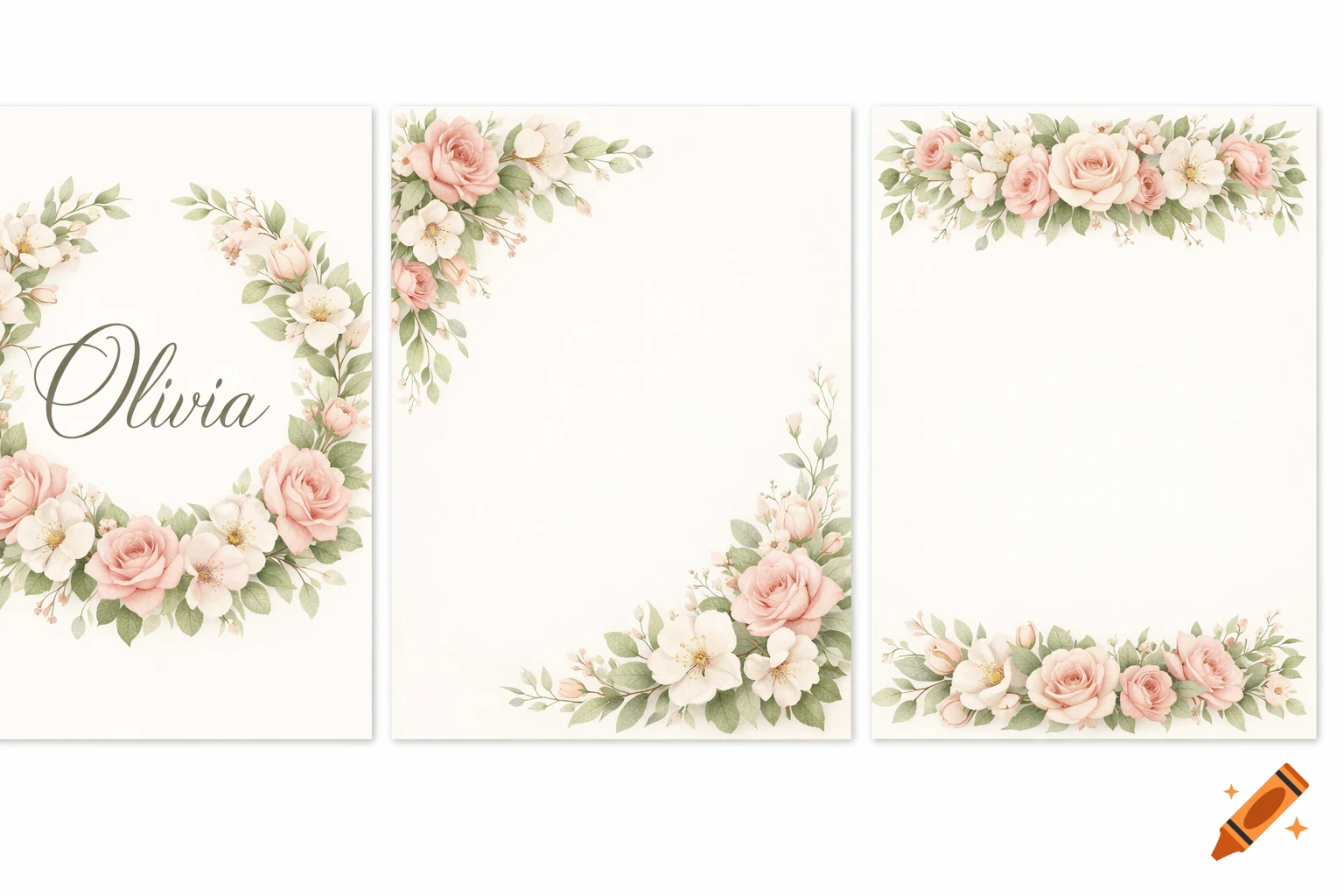 Three watercolor floral designs on white cards, one with 'Olivia' in a wreath, others with corner and border flowers.
