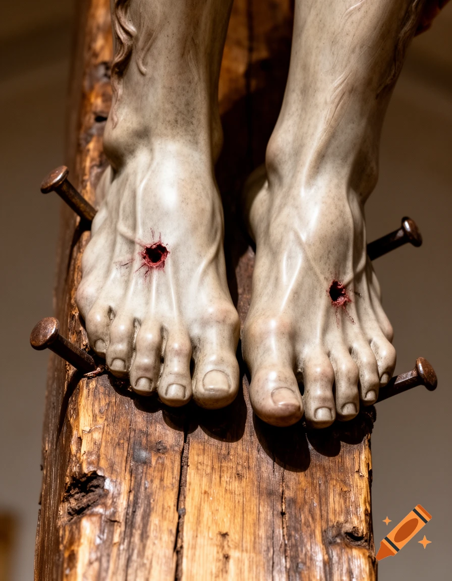 Close-up of the feet of a religious statue of Jesus, nailed to a wooden cross with visible wounds.