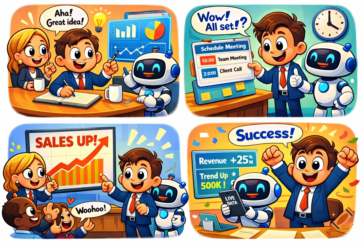 A 4-panel cartoon showing business people and a robot AI assistant. Panels depict brainstorming, scheduling, celebrating sales, and revenue success.