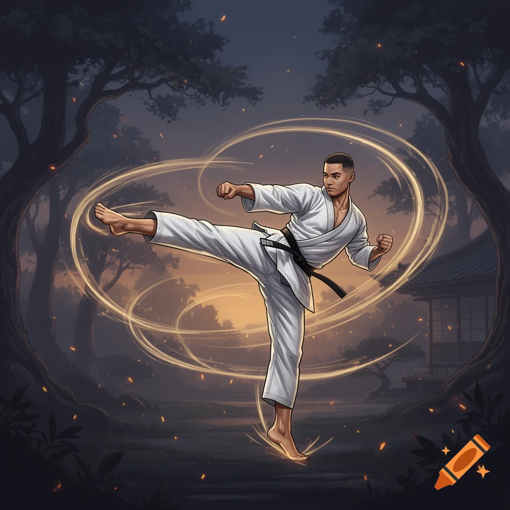 A man in a white karate gi performs a high kick, surrounded by golden, swirling energy in a mystical forest at sunset.