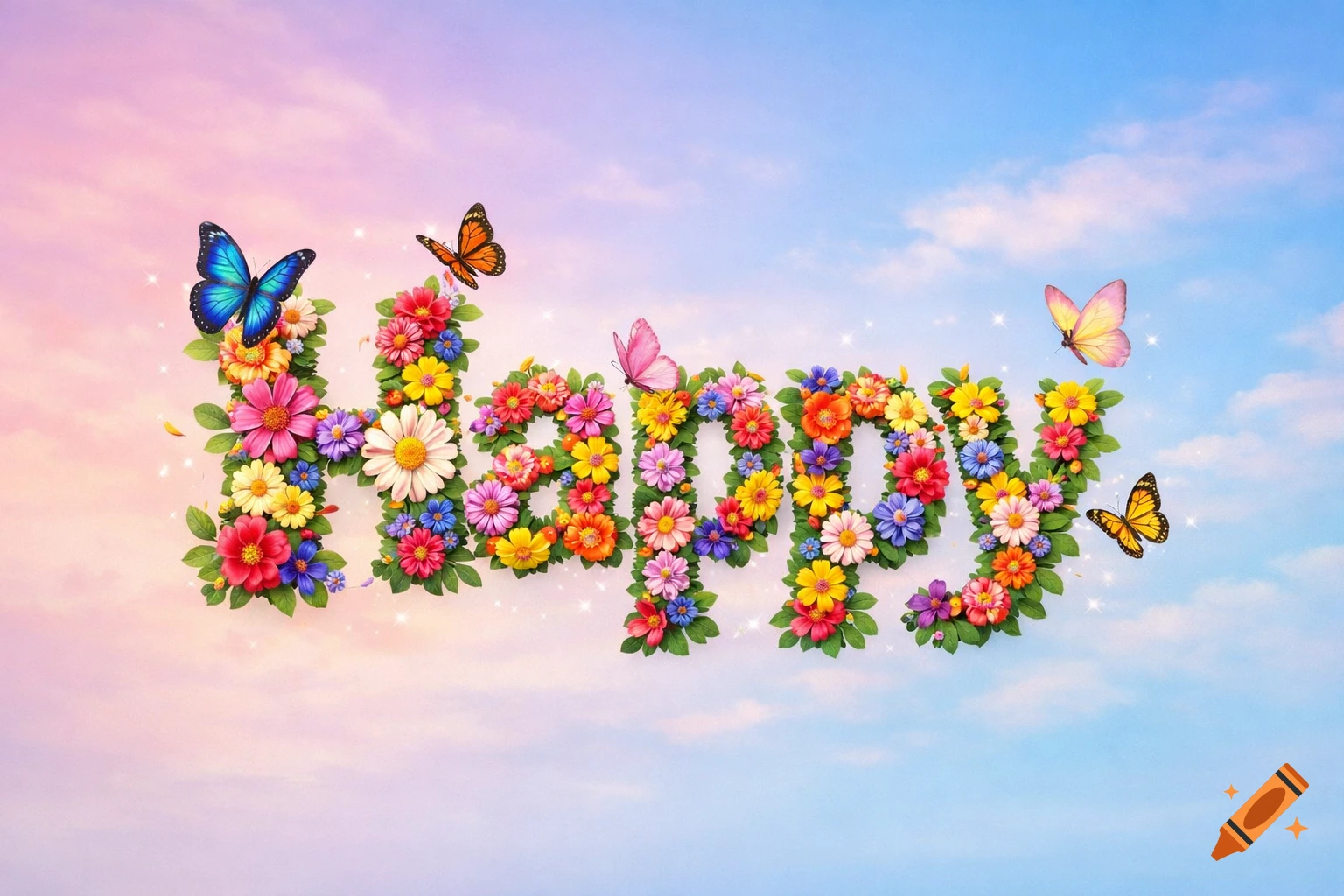 The word 'Happy' formed by colorful flowers and green leaves, with butterflies flying against a pastel sky.