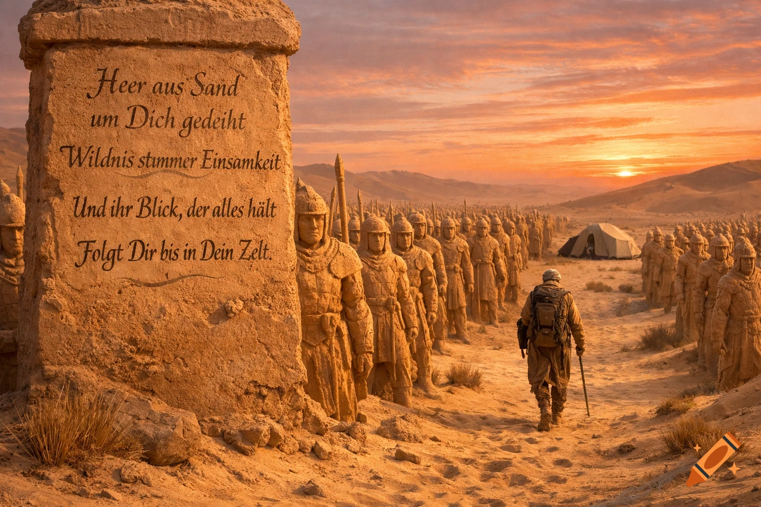A lone figure walks through a desert at sunset, past a stone pillar with carved text and an army of sand statues towards a distant tent.