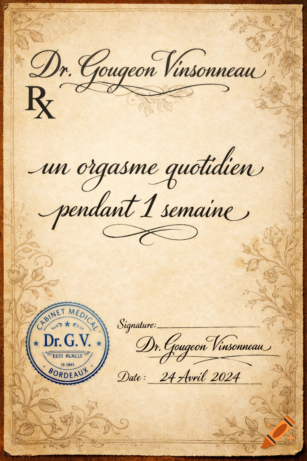 A vintage-style medical prescription form with calligraphic text in French, prescribing 'a daily orgasm for 1 week' from Dr. Gougeon Vinsonneau, dated April 24, 2024.