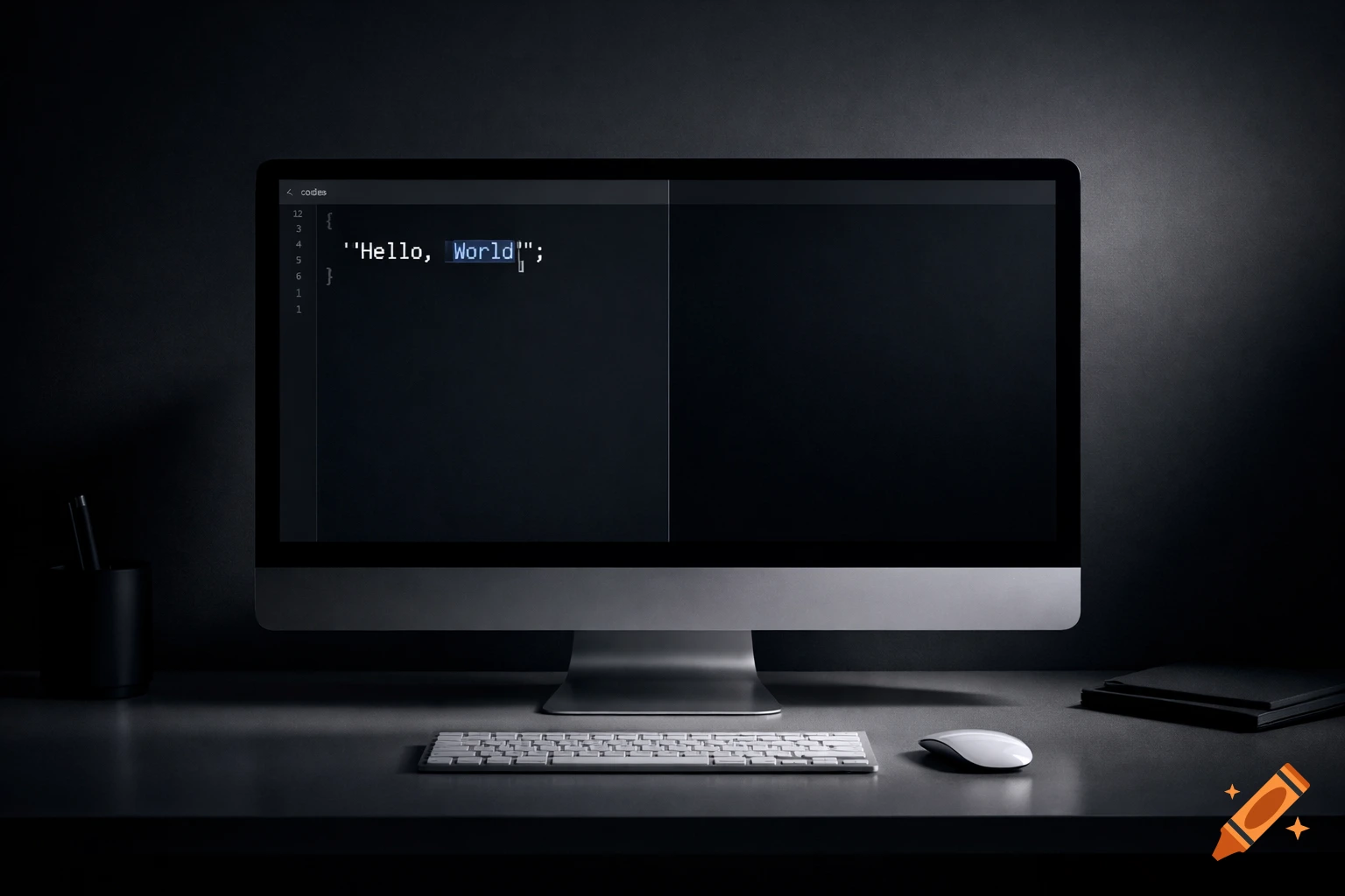 A minimalist dark workspace with a modern all-in-one desktop monitor displaying 'Hello, World' code, keyboard, and mouse.