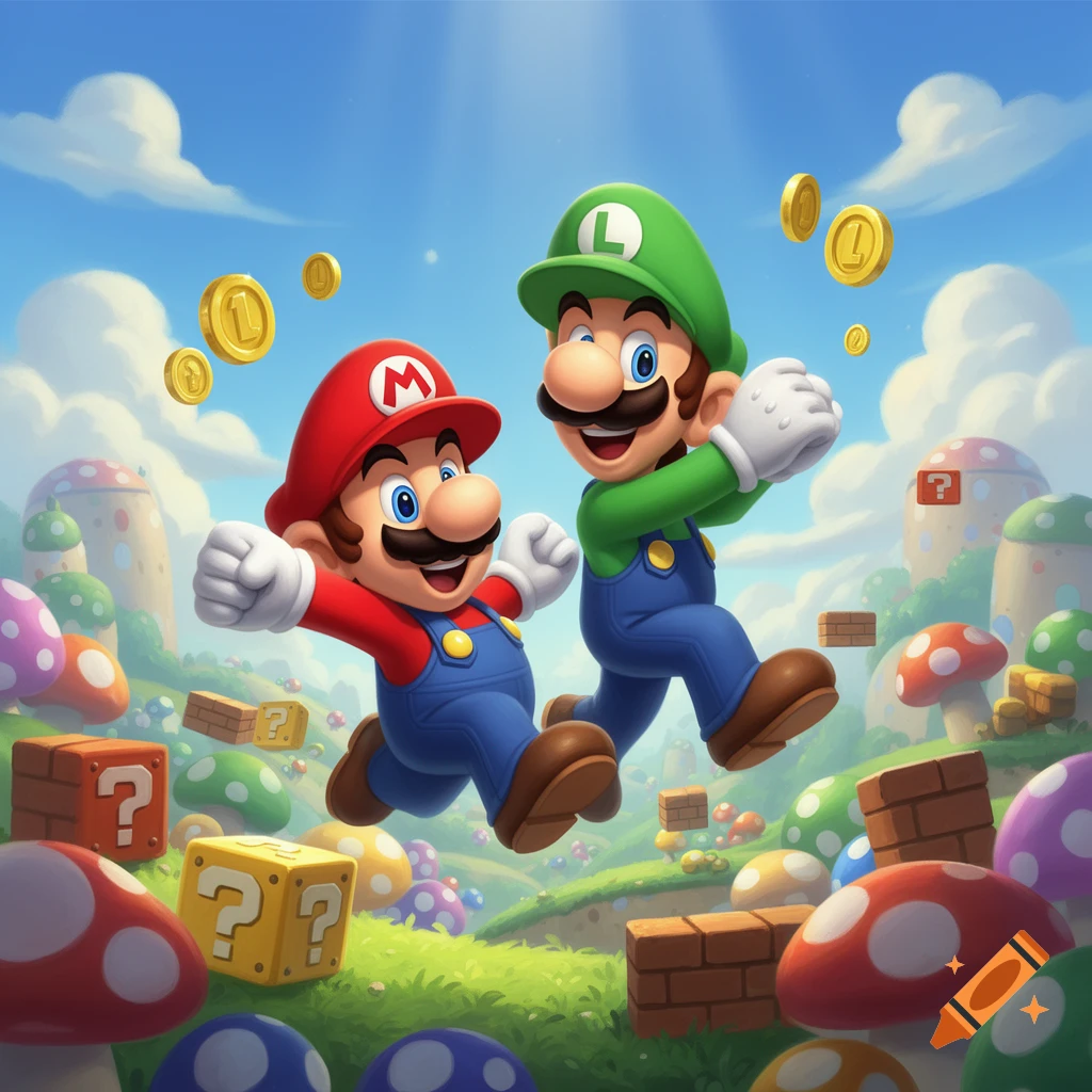 Mario and Luigi cheerfully jump through a vibrant, cartoon-like Super Mario world, surrounded by floating coins, question mark blocks, and colorful mushrooms.