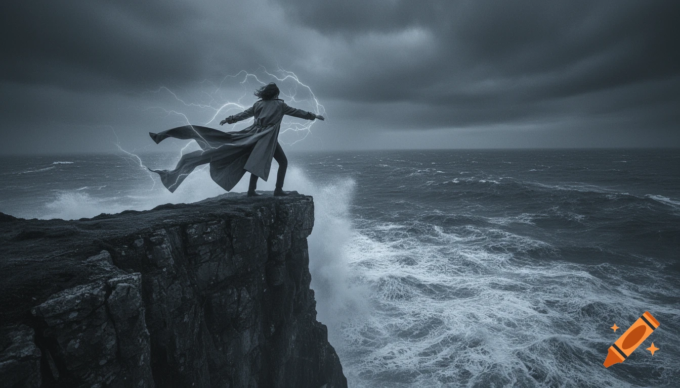 A lone figure in a long coat stands defiantly on a jagged cliff overlooking a churning, stormy ocean with lightning.