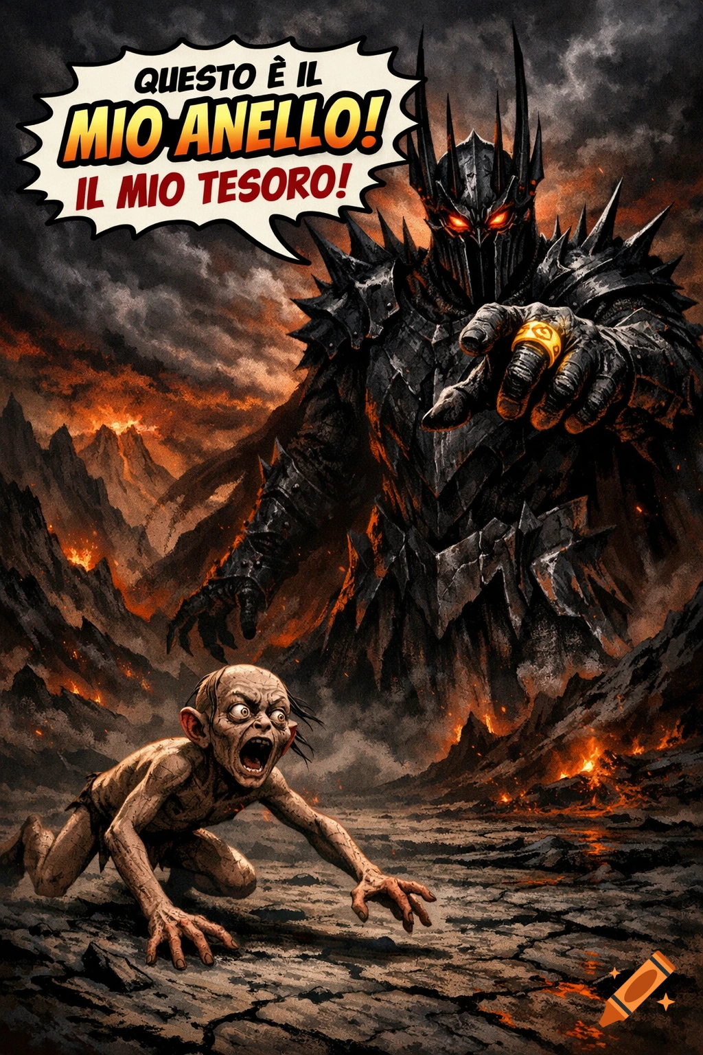 Comic illustration of menacing Sauron wearing the One Ring, pointing at a terrified Gollum crawling in a fiery Mordor. Sauron says, 'Questo è il MIO anello! Il mio tesoro!'