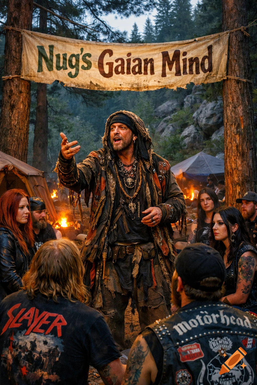 A man in shamanic attire speaks to heavy metal rockers at a forest campsite under a banner reading 'Nug's Gaian Mind', photorealistic.