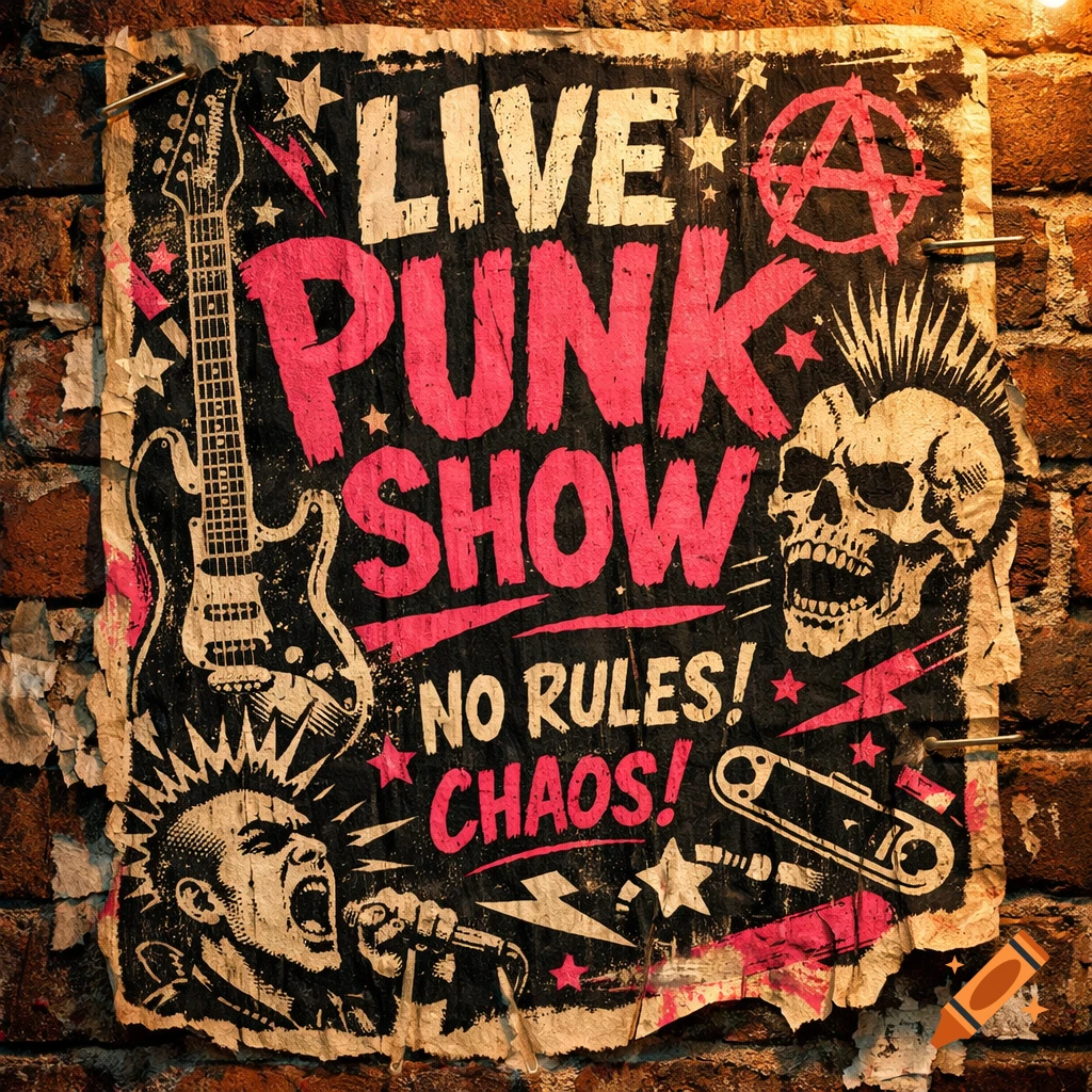 A distressed punk rock concert flyer taped to a brick wall, featuring a skull, a mohawk punk, an electric guitar, and text reading "LIVE PUNK SHOW! NO RULES! CHAOS!"
