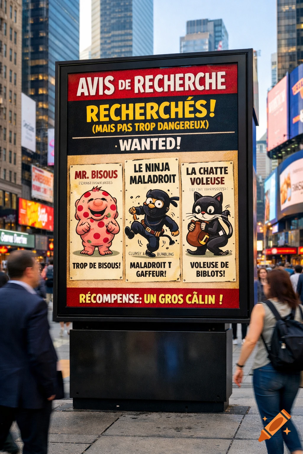 A humorous wanted poster on a city street billboard depicts three cartoon characters: a pink polka-dotted blob, a clumsy ninja, and a thieving black cat.
