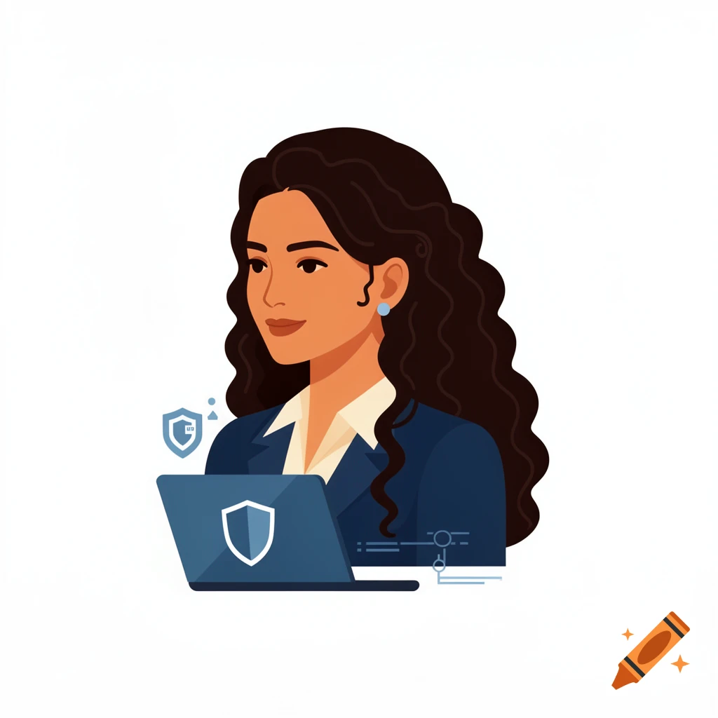 Hand-drawn style illustration of an Arab woman IT security manager with dark curly hair working on a laptop.