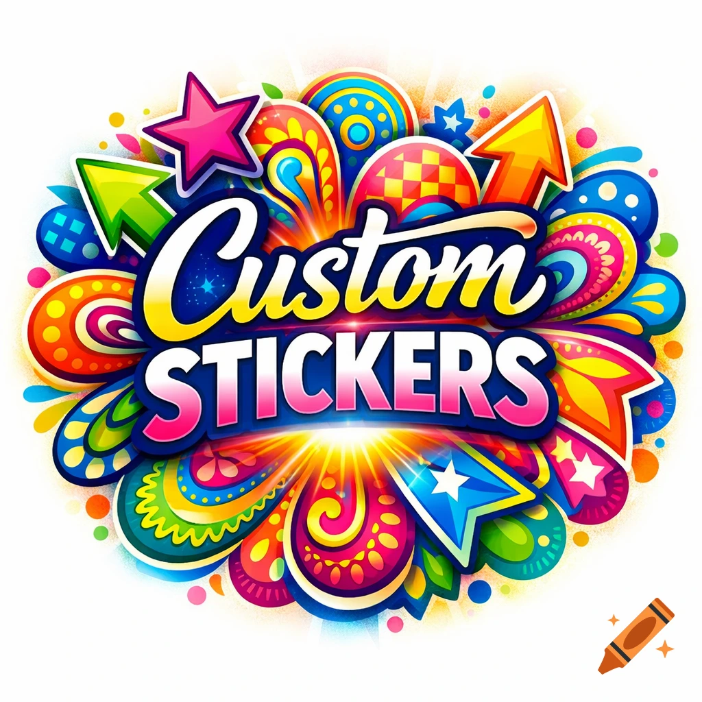 A vibrant, colorful logo for 'Custom STICKERS' surrounded by playful abstract patterns, stars, and arrows.