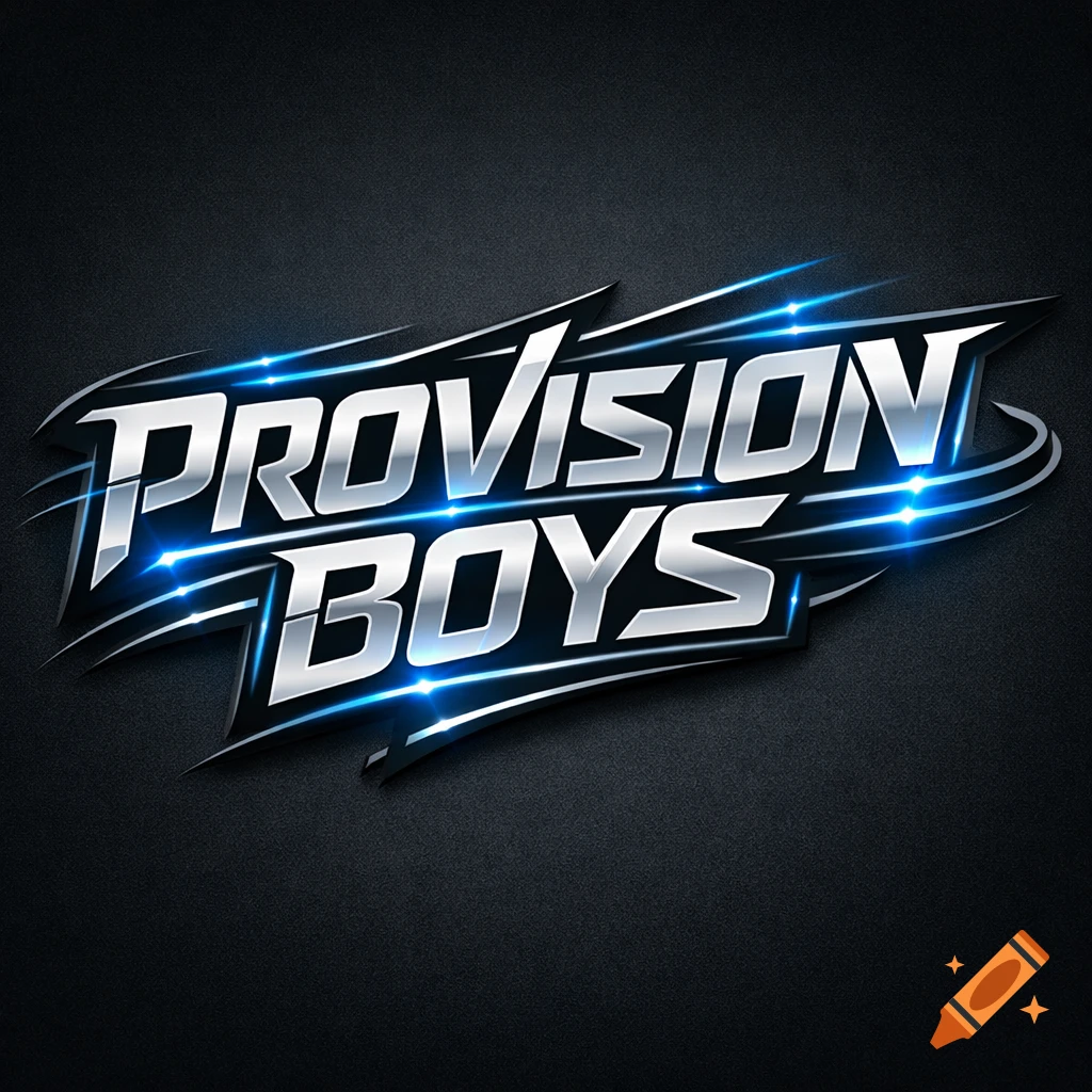 A metallic, stylized band logo for 'PROVISION BOYS' with sharp angles and glowing blue light streaks on a dark textured background.