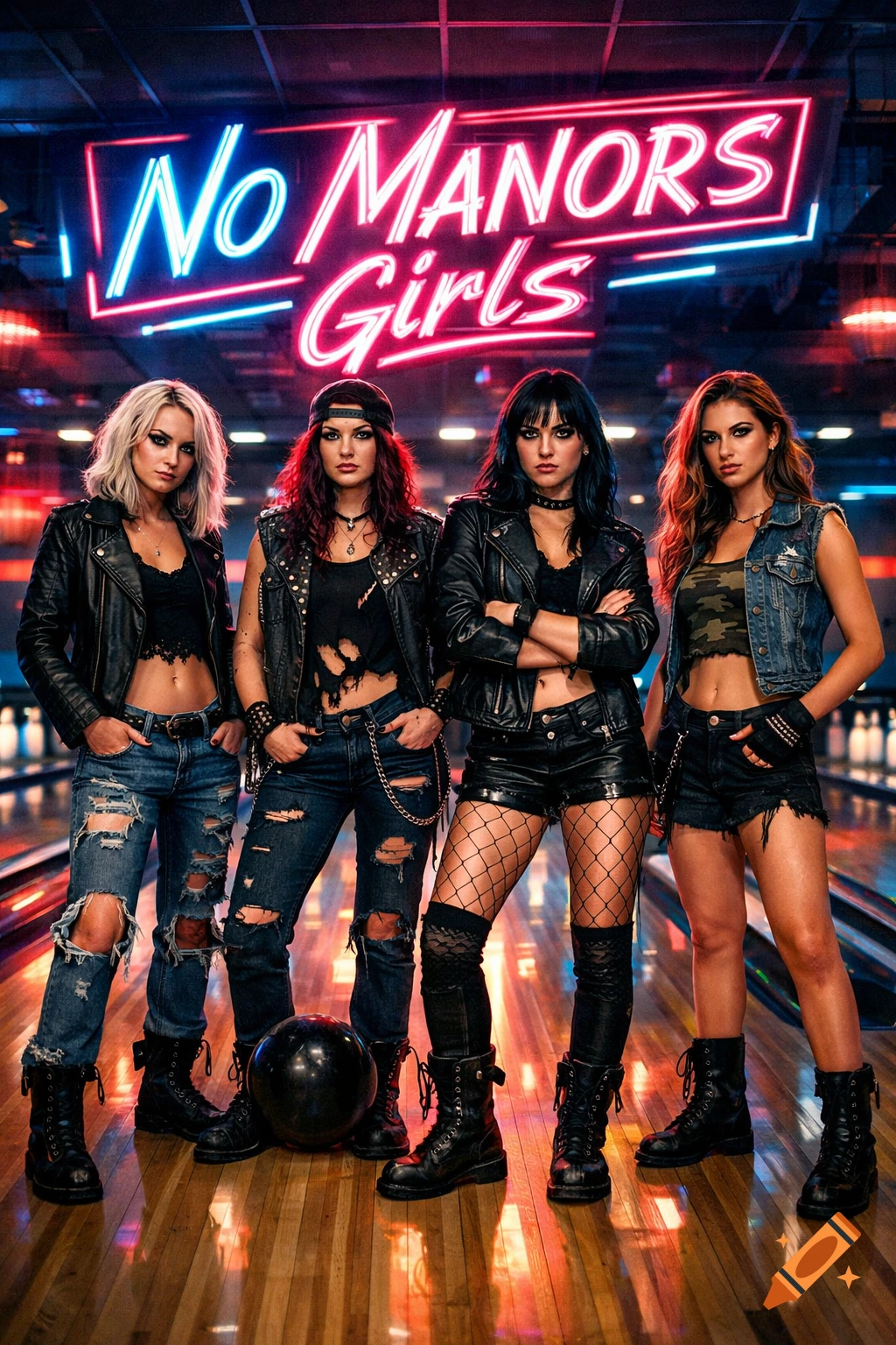 Four women in punk-rock style clothing stand in a bowling alley under a neon sign that reads "No Manors Girls".