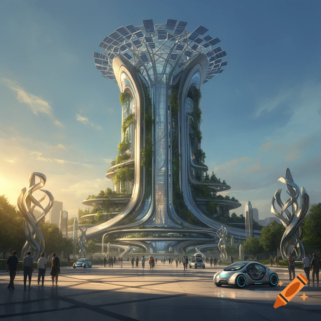 Photorealistic image of a futuristic tree-like skyscraper with solar panels and vertical gardens in a bustling city plaza with people and sleek cars.