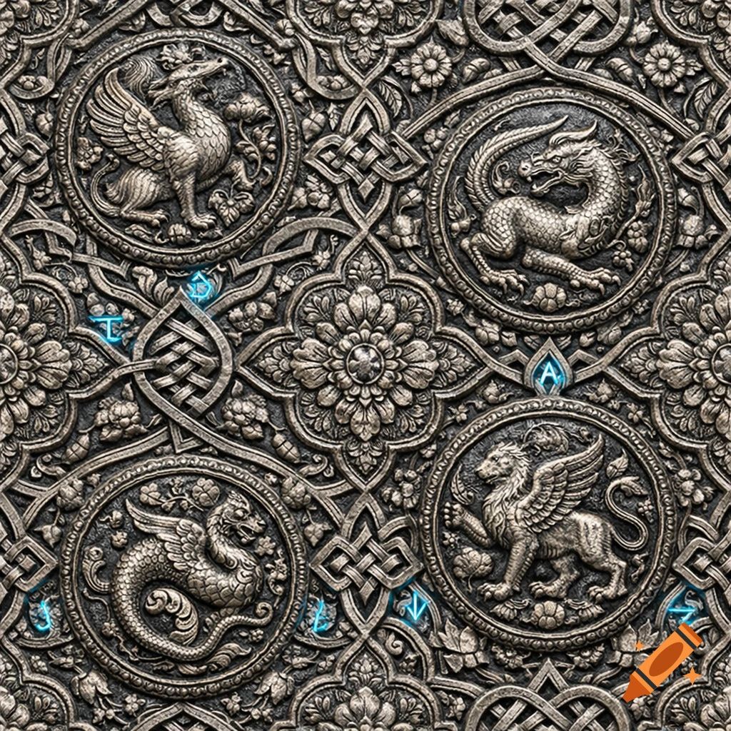 Seamless tileable texture of intricate repoussé silverwork with arabesques, interlaced geometric knotwork, floral medallions, mythical Persian creatures (griffin, dragon, winged lion), and glowing blue magical runes.