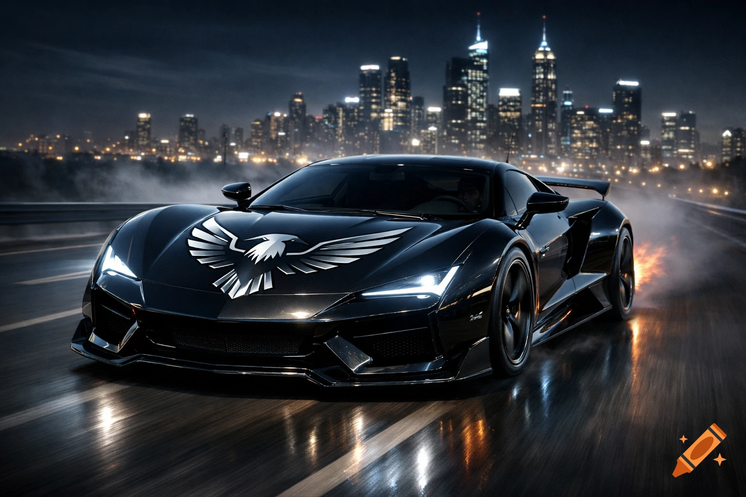 A sleek black sports car with a silver eagle logo drives on a wet city road at night, blurred city skyline behind.