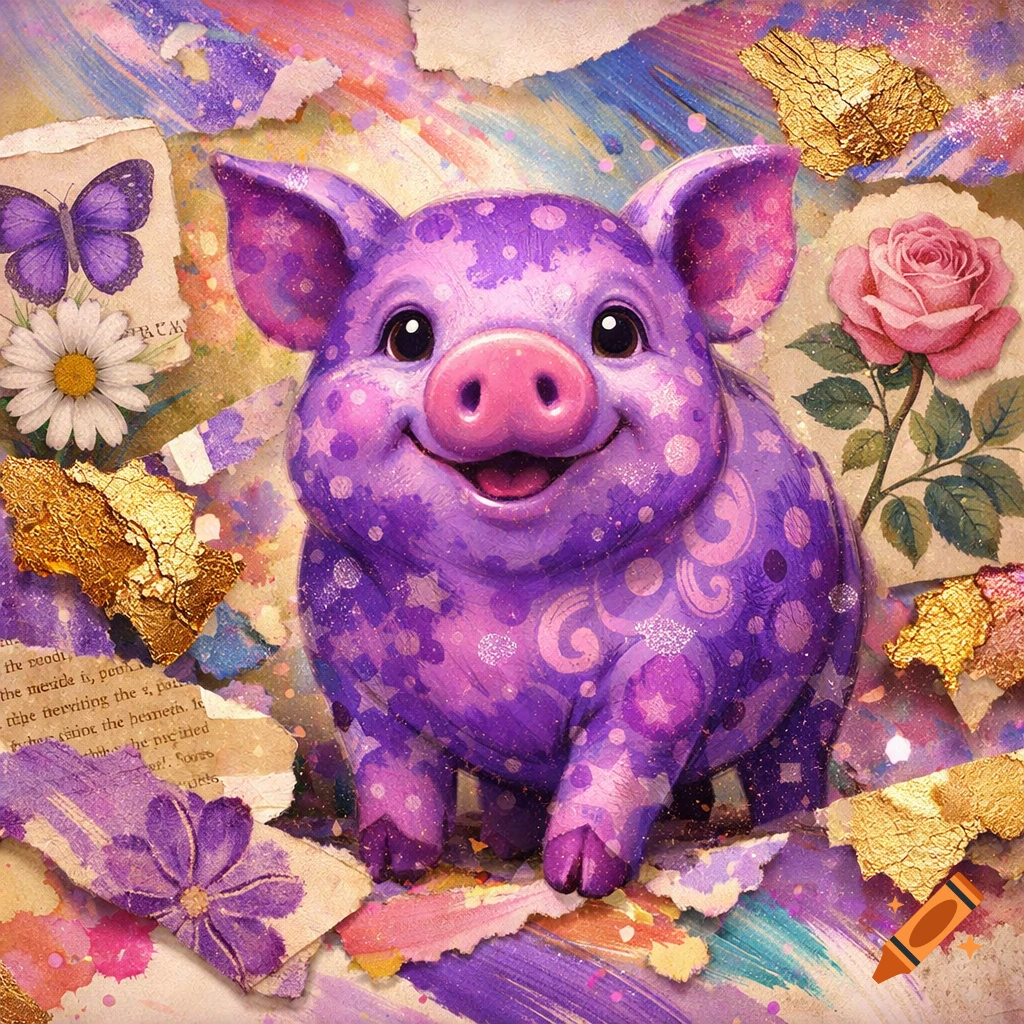 A happy, smiling purple pig with spots and swirls, sitting amidst a whimsical, colorful collage of torn paper, flowers, and gold leaf.