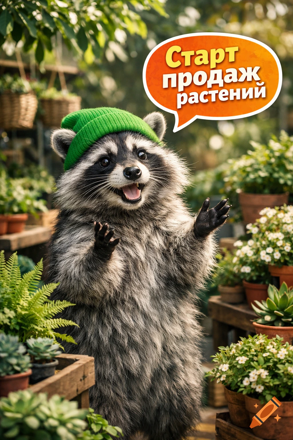 A happy raccoon in a green beanie poses in a plant nursery, with a ...