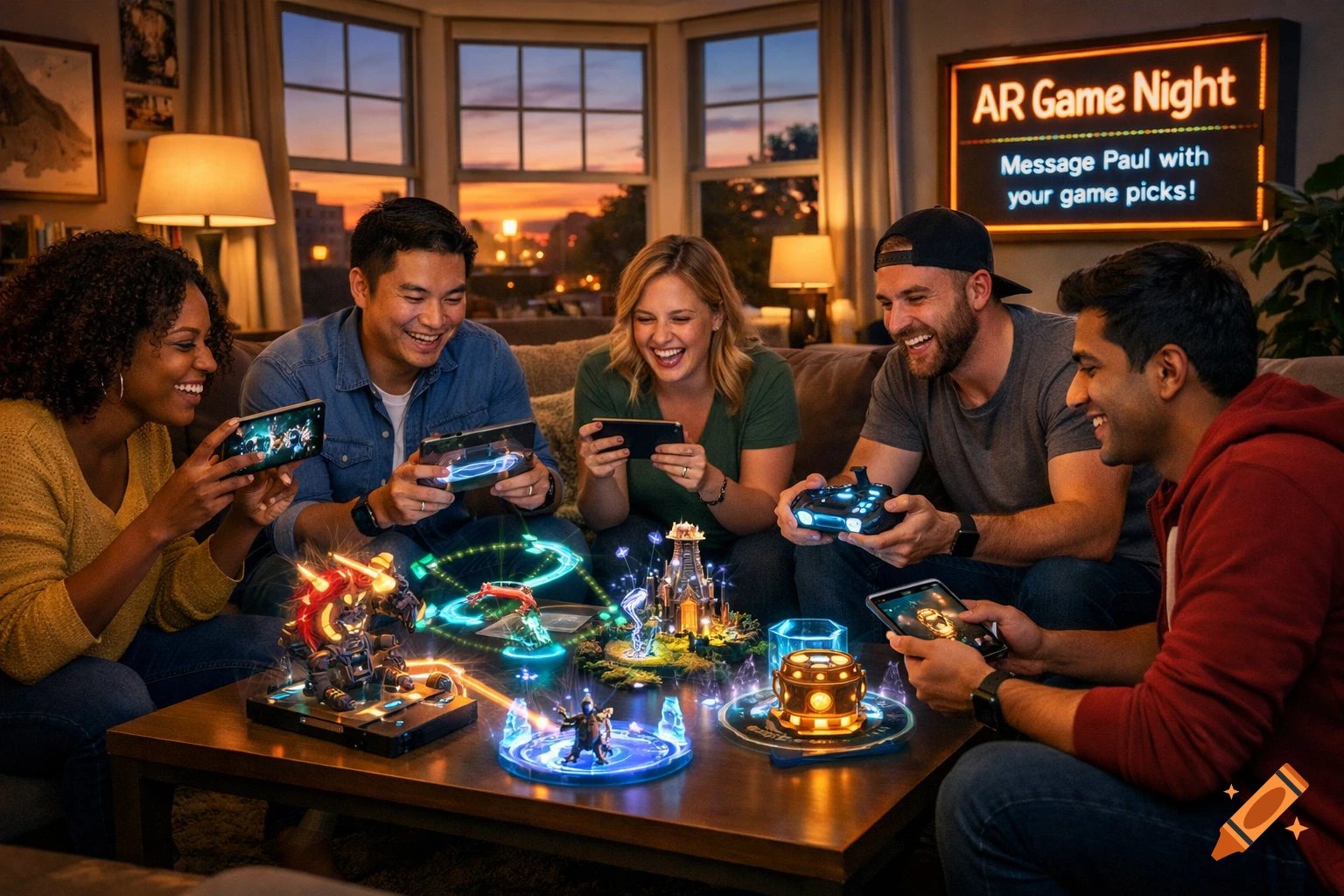 Five friends play augmented reality games in a living room at sunset, using phones and controllers, with a glowing 'AR Game Night' sign.