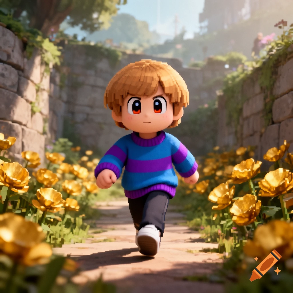 A 3D rendered, pixel-art style character resembling Frisk from Undertale walks on a stone path lined with golden flowers.