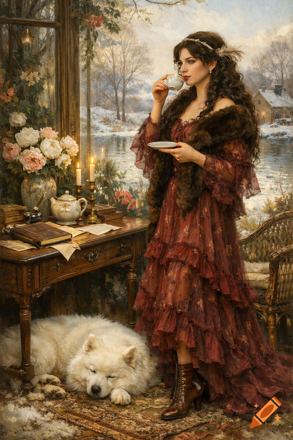 A Victorian woman in a ruffled burgundy dress sips tea by a window, a sleeping Samoyed dog at her feet, in a classical oil painting.