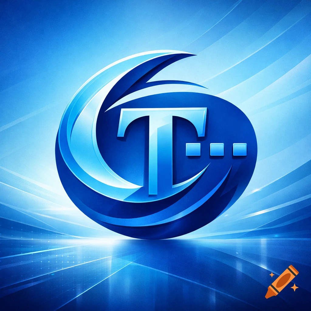 A stylized blue logo featuring a glossy 'T' and three square dots within a dynamic, swirling circular design, set against a vibrant blue background with light streaks and reflections.