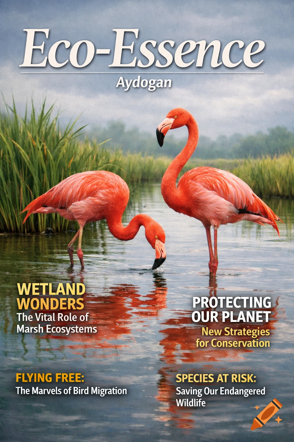 A photorealistic magazine cover for 'Eco-Essence' featuring two pink flamingos in a wetland with articles on conservation and wildlife.