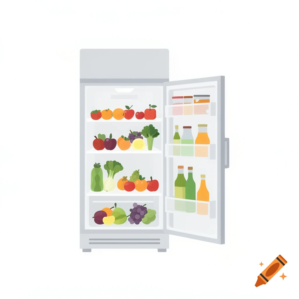 Minimalist flat design illustration of an open refrigerator filled with fruits, vegetables, and bottles.