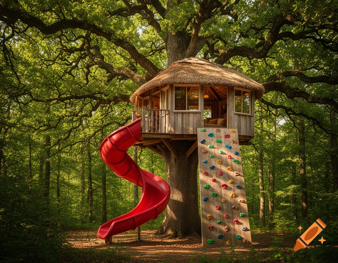Photorealistic image of a rustic treehouse with a thatched roof, red spiral slide, and climbing wall in a lush green forest.