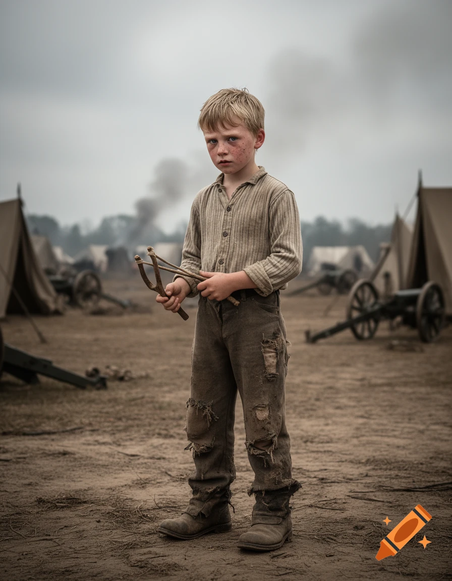 A photorealistic image of a serious young boy in ragged clothing ...