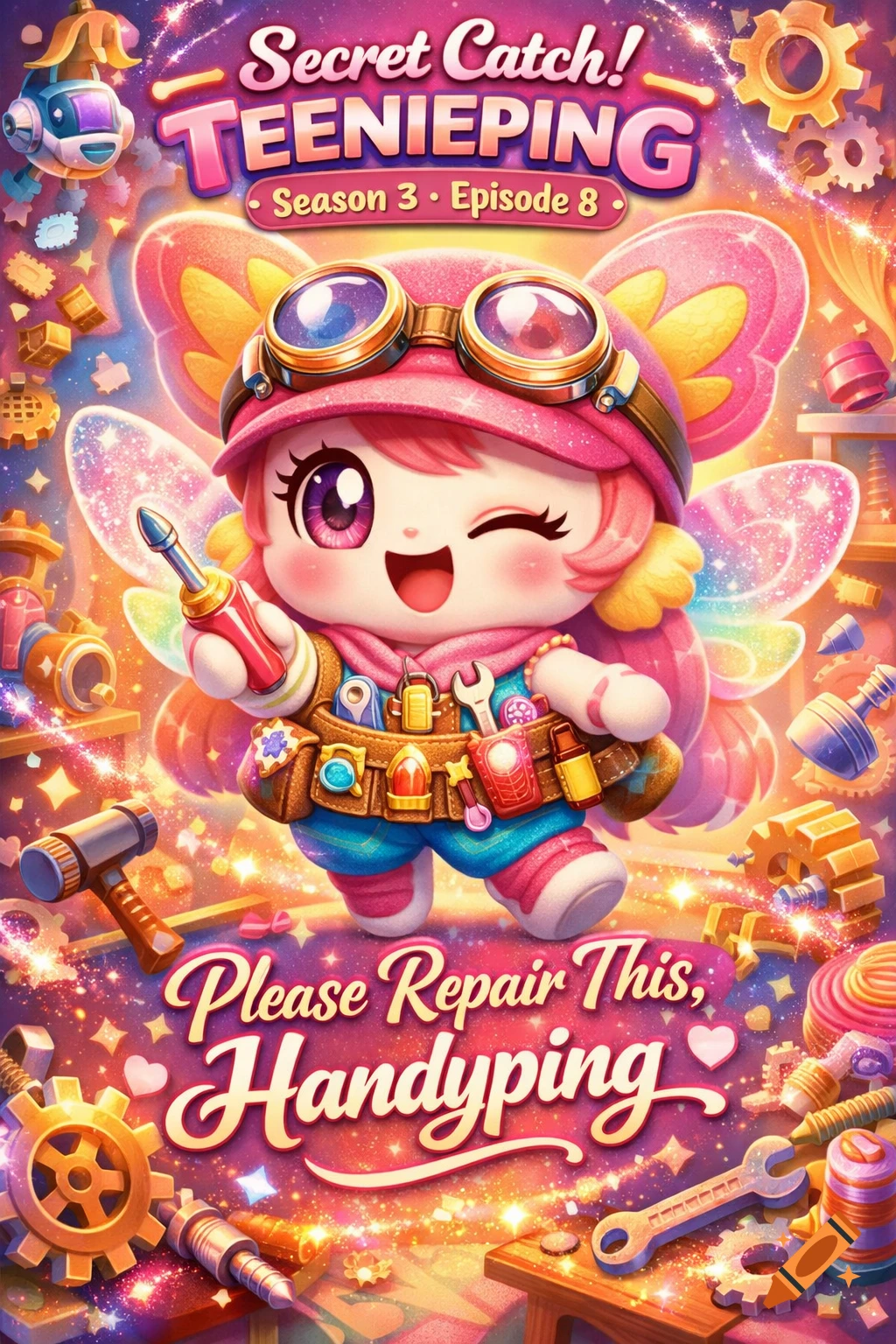 A cute, pink-haired fairy character with goggles and a tool belt winks, holding a screwdriver amidst sparkling gears and tools.