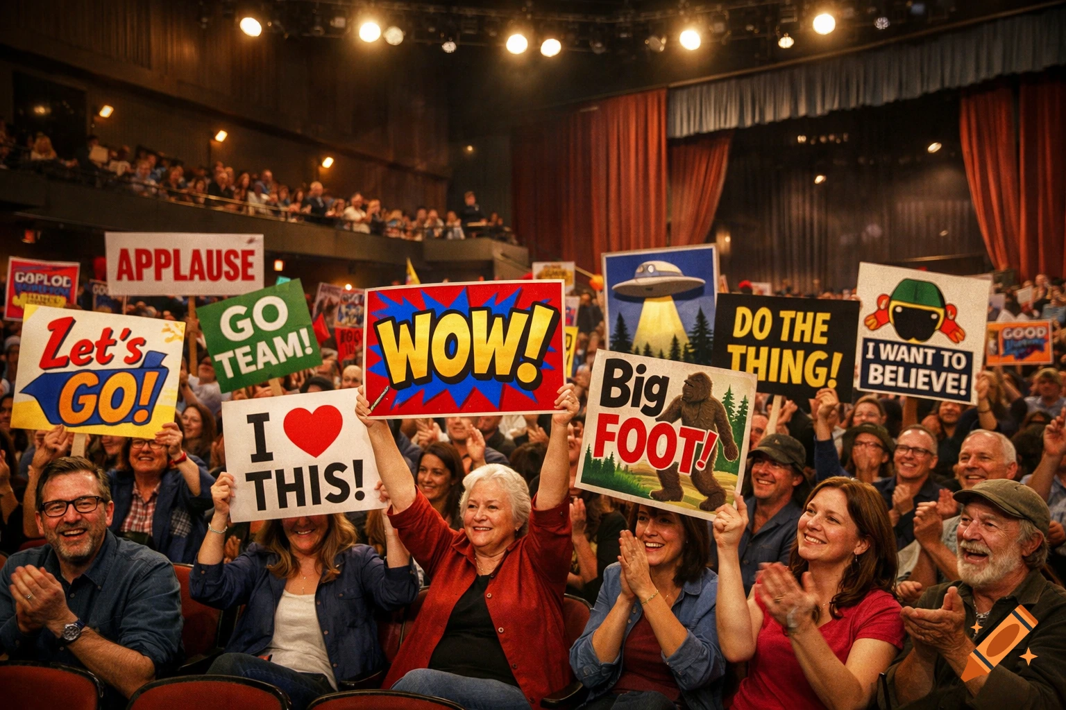 Photorealistic image of a diverse crowd in a theater, cheering and holding up colorful signs like "WOW!" and "Big FOOT!"