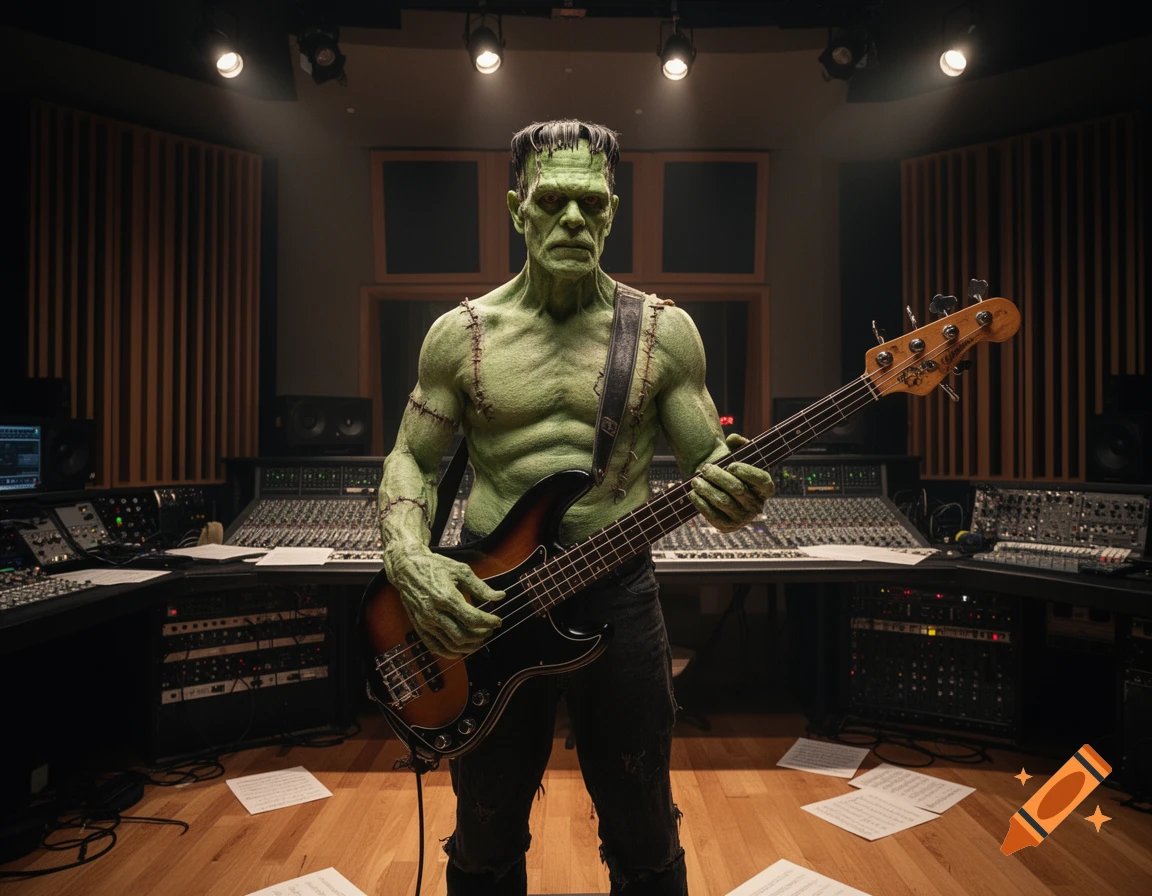 Photorealistic image of Frankenstein's monster playing a four-string bass guitar in a dimly lit recording studio.